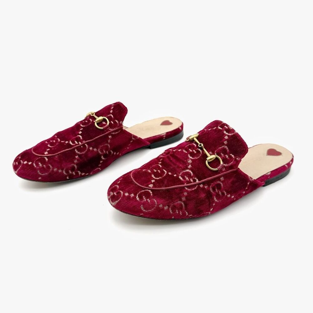 GUCCI Red Velvet GG Princetown Mules Horsebit 40 US 10 Flat Slippers Slides